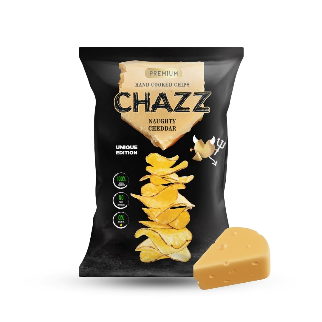 Chazz chips naughty cheddar 90g tray 15 stuks cheddar chips groothandel