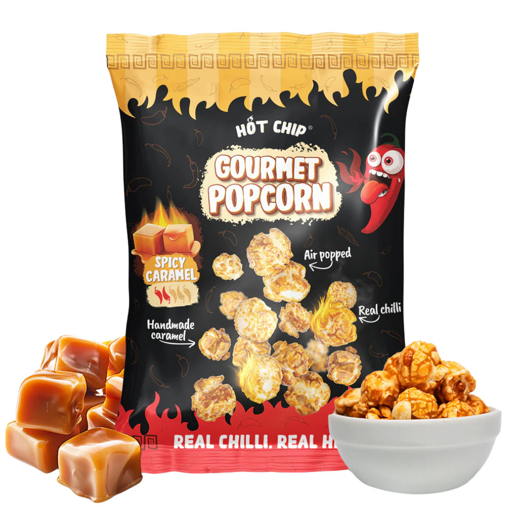 Hot Chip spicy caramel popcorn 120g tray 17 stuks zoet pittige popcorn groothandel