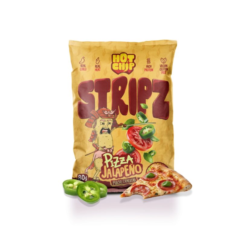 Hot Chip Stripz pizza jalapeno 80g tray 20 stuks pittige snacks groothandel